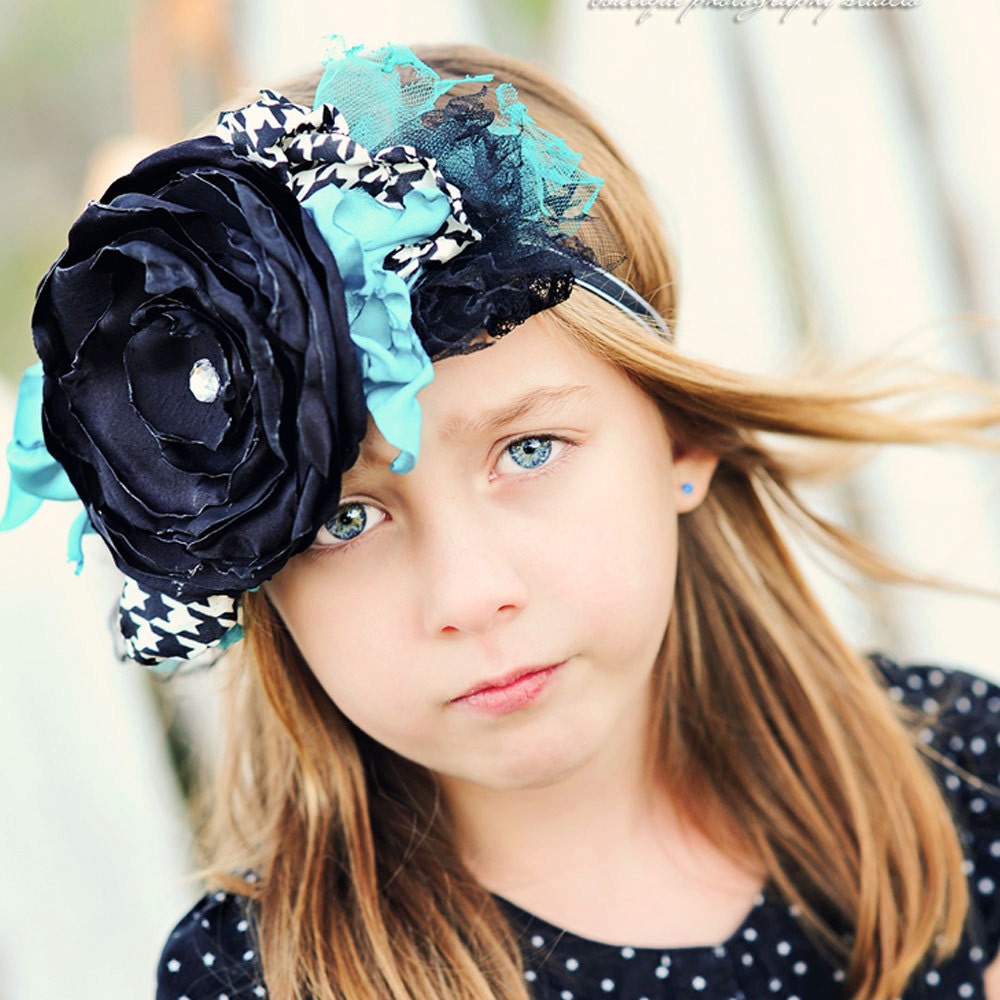 The Adelaide- Turquoise Black and White headband for special occasion birthdays photo shoots