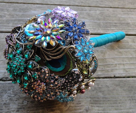 Peacock Wedding Brooch Bouquet with real feathers - Made to Order