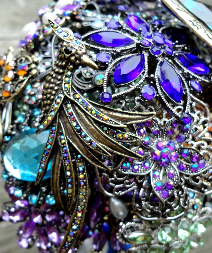 Peacock Wedding Brooch Bouquet with real feathers - Made to Order