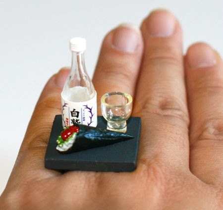Kawaii Japanese Miniature Food Ring - Saki Bottle and Cup with Maki Sushi