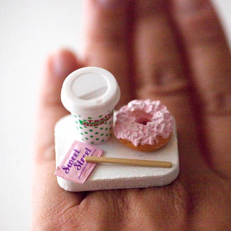 Kawaii Miniature Food Ring - To Go Combo - Coffee and A Donut