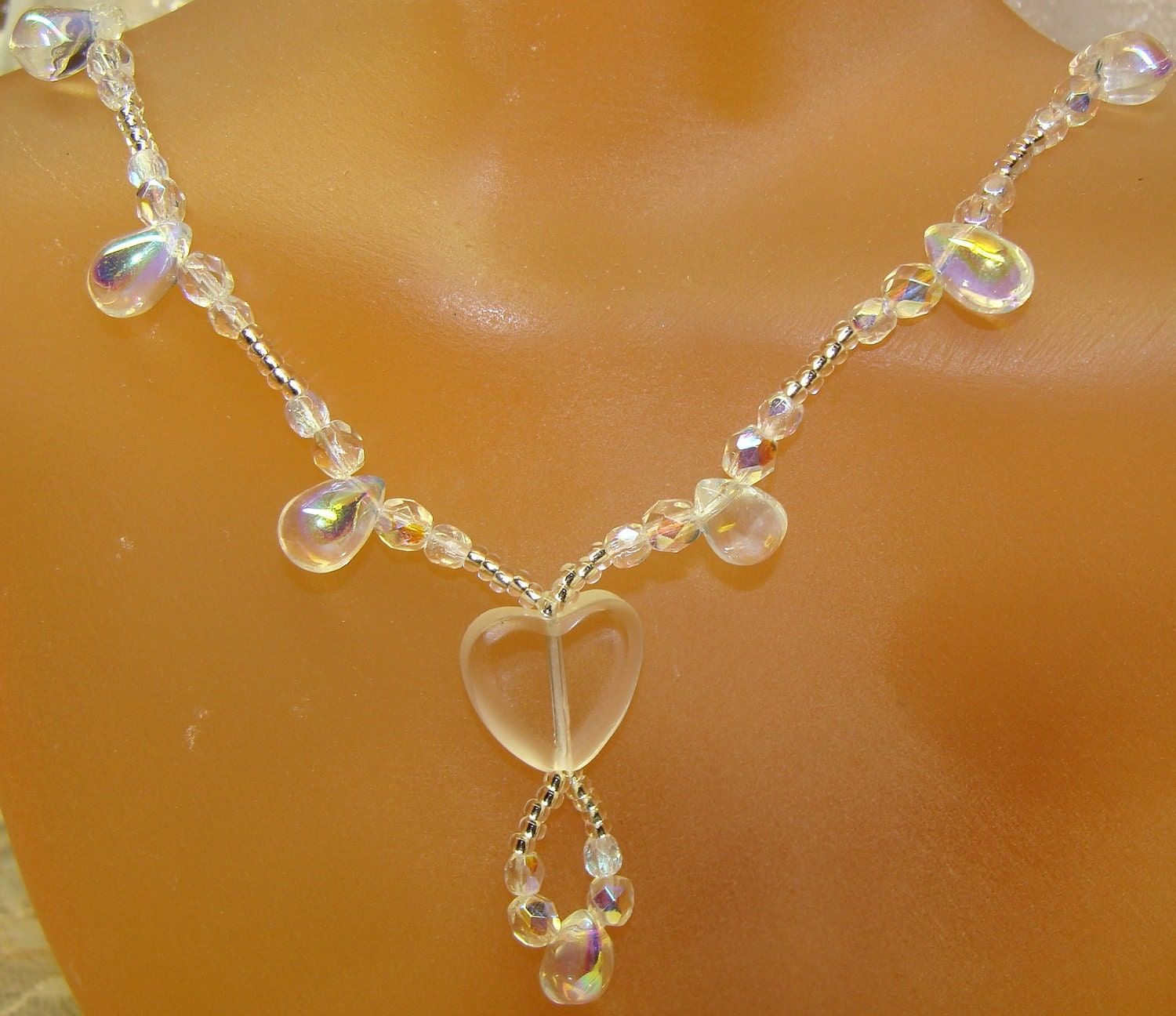 Crystal Heart Beach Wedding Necklace w/ Rainbow Rain Drop Beads and Crystals