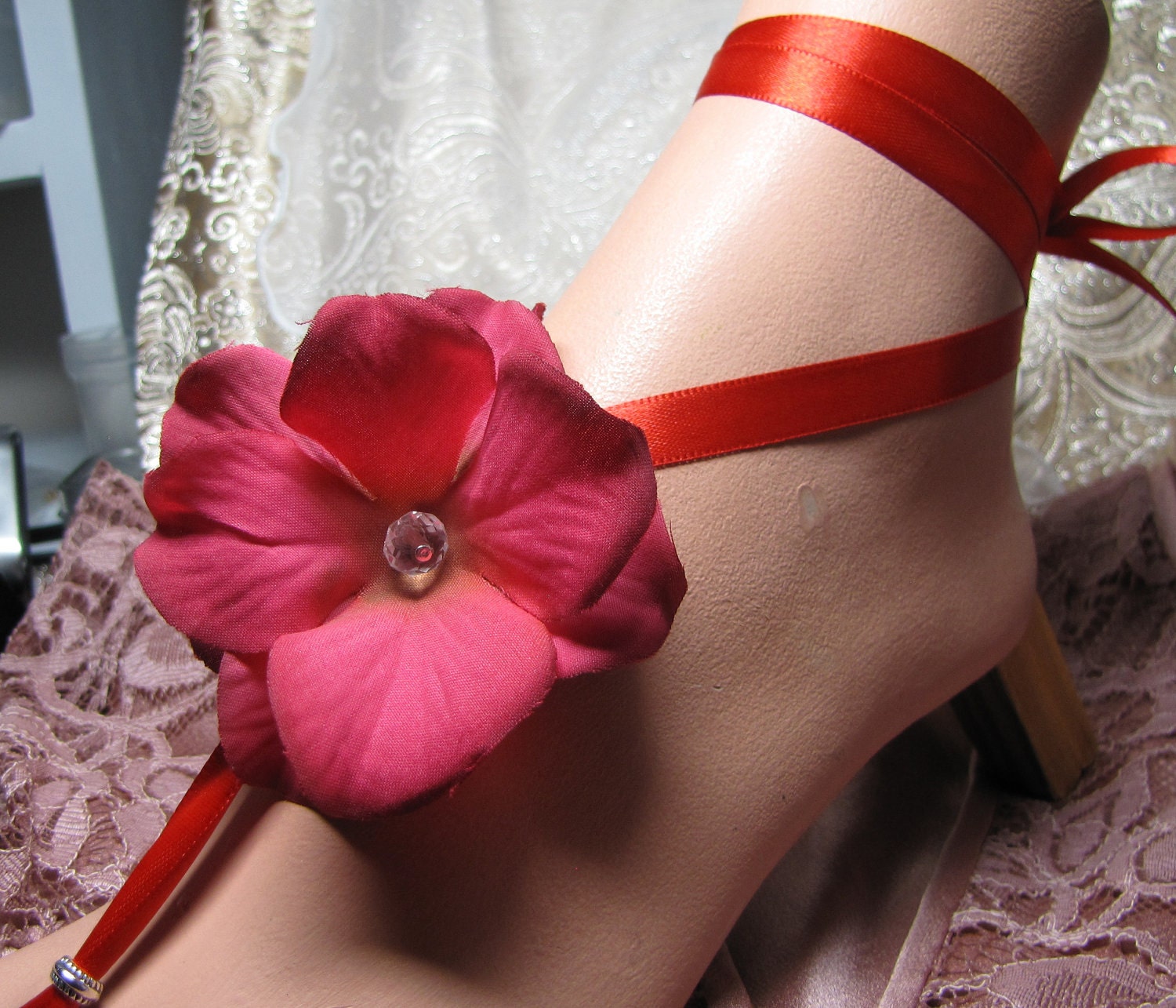 Red Flower Ribbon Tie Foot Jewelry for Bride, Bridesmaid, Flower Girl Beach Wedding Adjustable Barefoot Sandals
