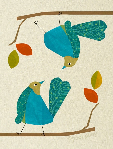 blue love birds, mid century design, art print, LARGE