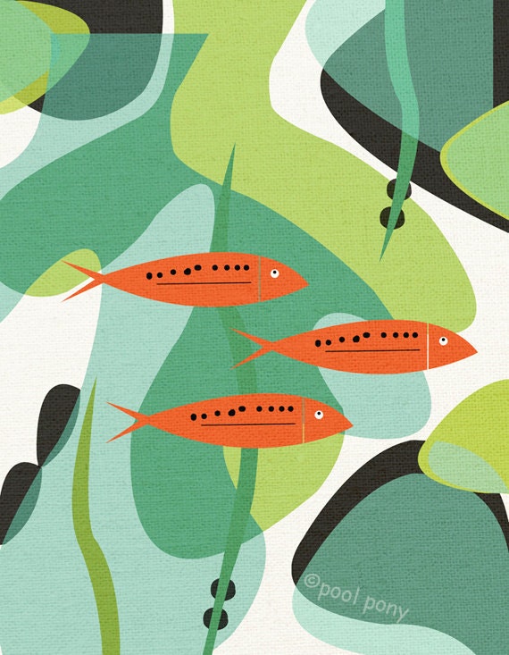 aquarium, LARGE mid century design art print
