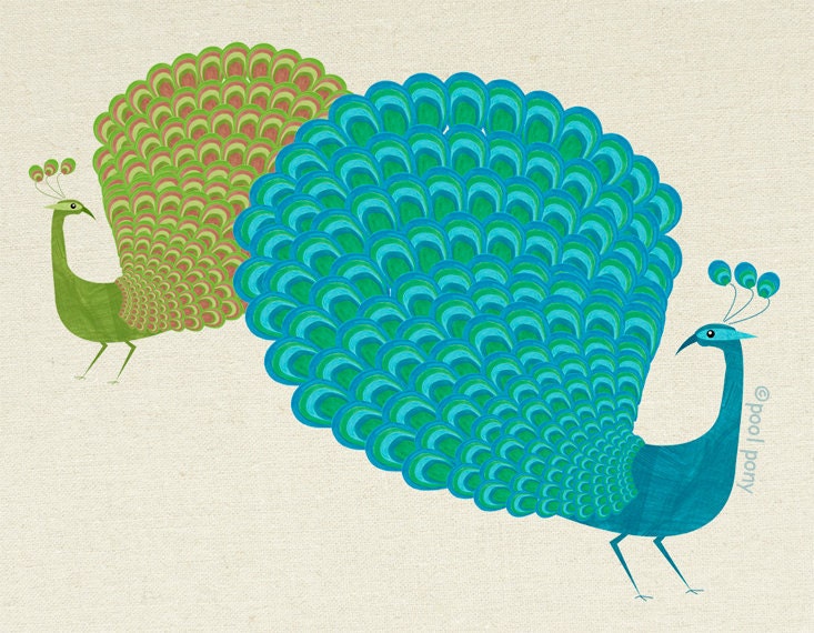 peacocks, mid century design, art print, by pool pony, NEW EXTRA LARGE A2 size