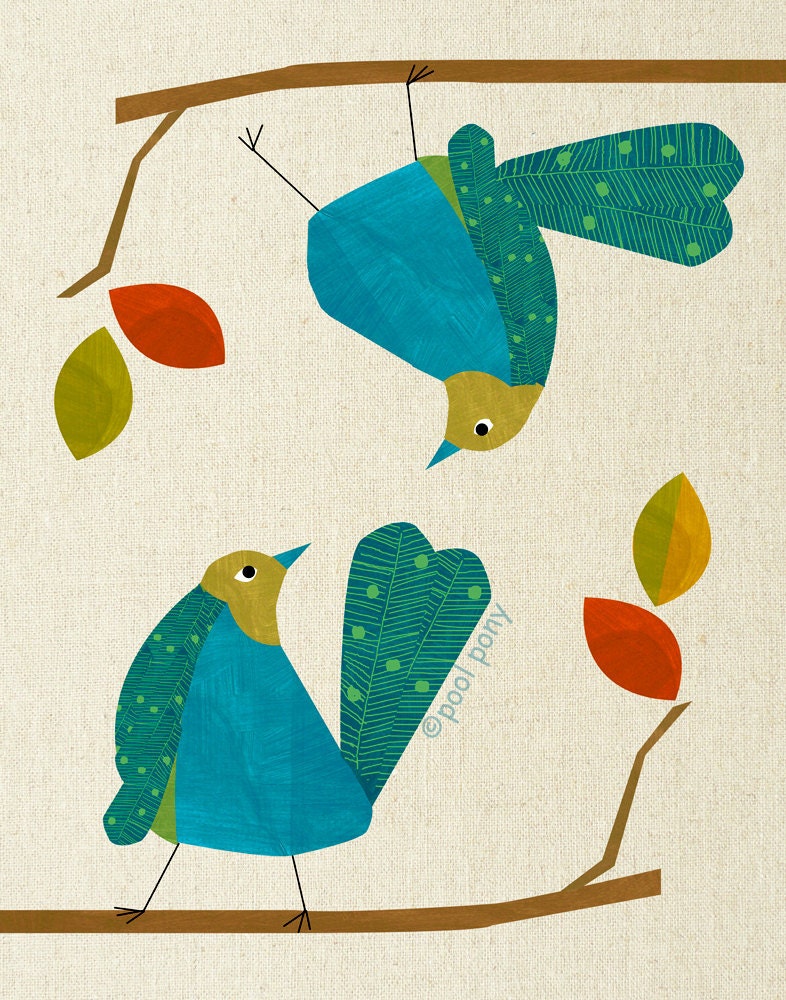 blue love birds,  mid century design art print by pool pony, NEW EXTRA LARGE size