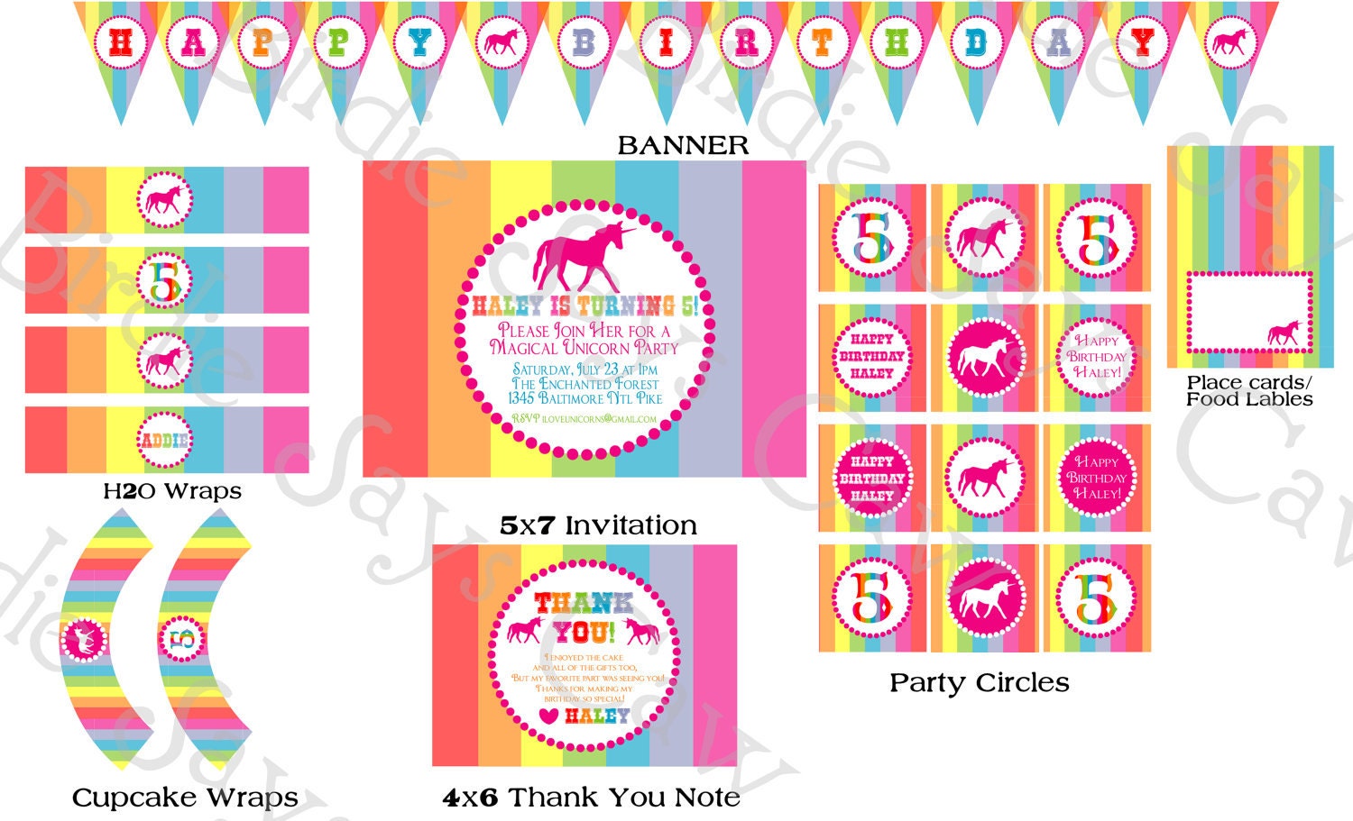 Rainbow Unicorn Birthday Party Pack Printable Custom DIY