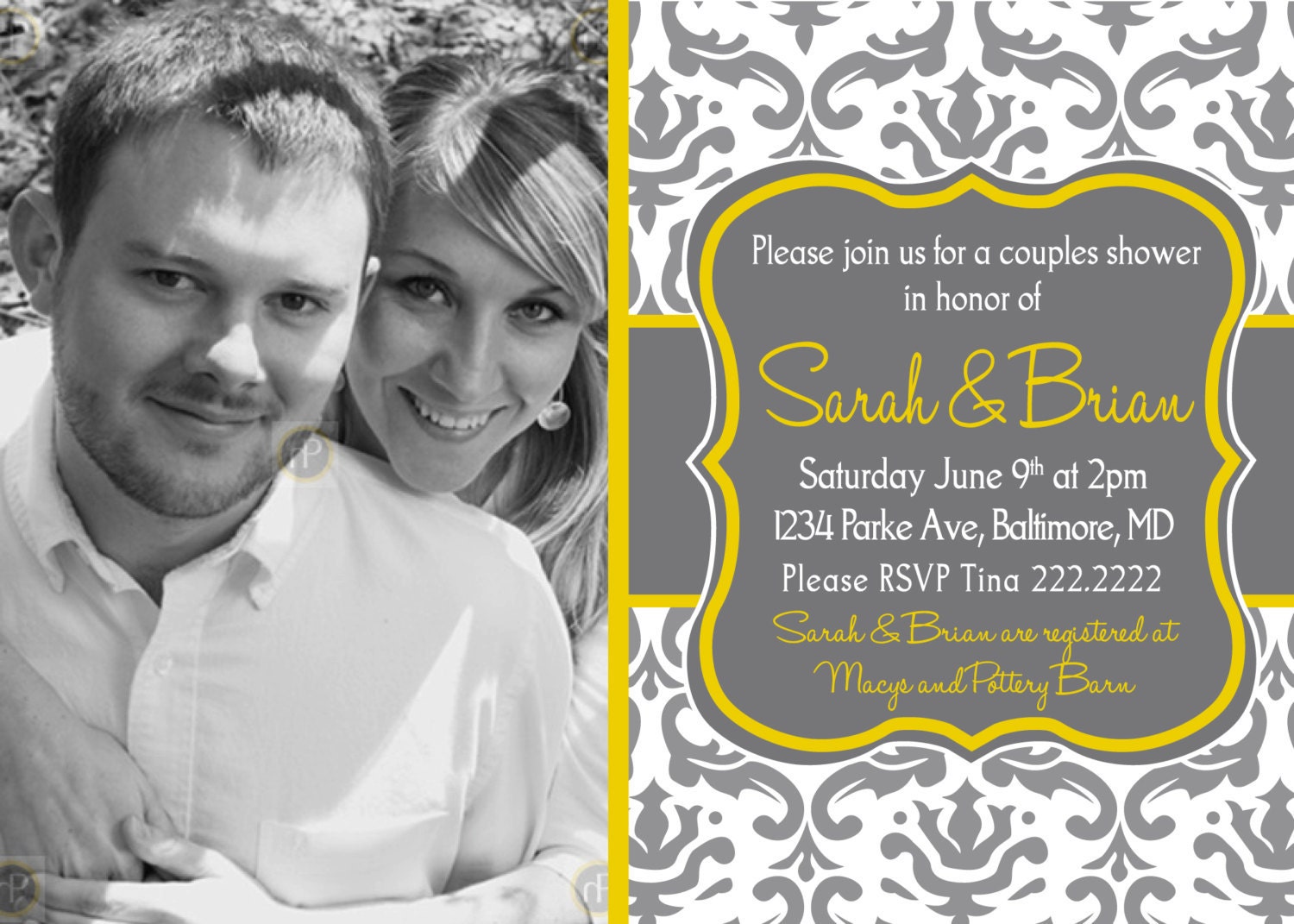 Printable Elegant Photo Bridal Shower Invitations Grey and Yellow Damask Design