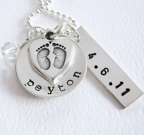 New Baby - New Mom Necklace - Personalized Name Birth Date - Baby Feet Heart Charm - Sterling Silver - Birthstone