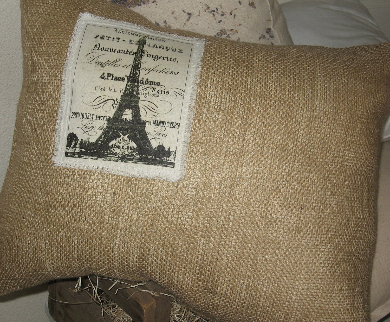 Pillows, French Country, Burlap, Accent Pillow, Eiffel Tower, French Script, Farmhouse 15" x 18"