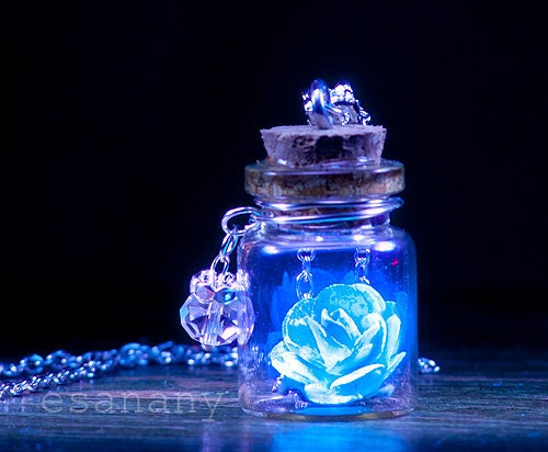 The Glowing Rose - Sky Blue Vial Necklace - Silver - BLACK LIGHT