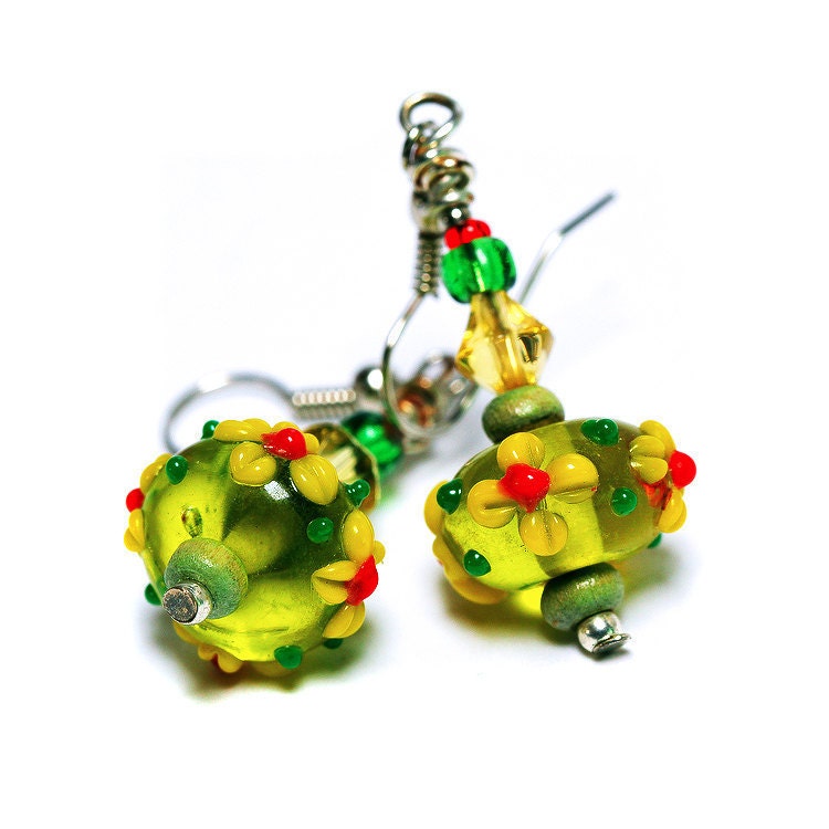 Fresh green Earrings Artisan Lampwork  with yellow Flowers glass bead  Christmas Gift Idea - MADEbyMADA