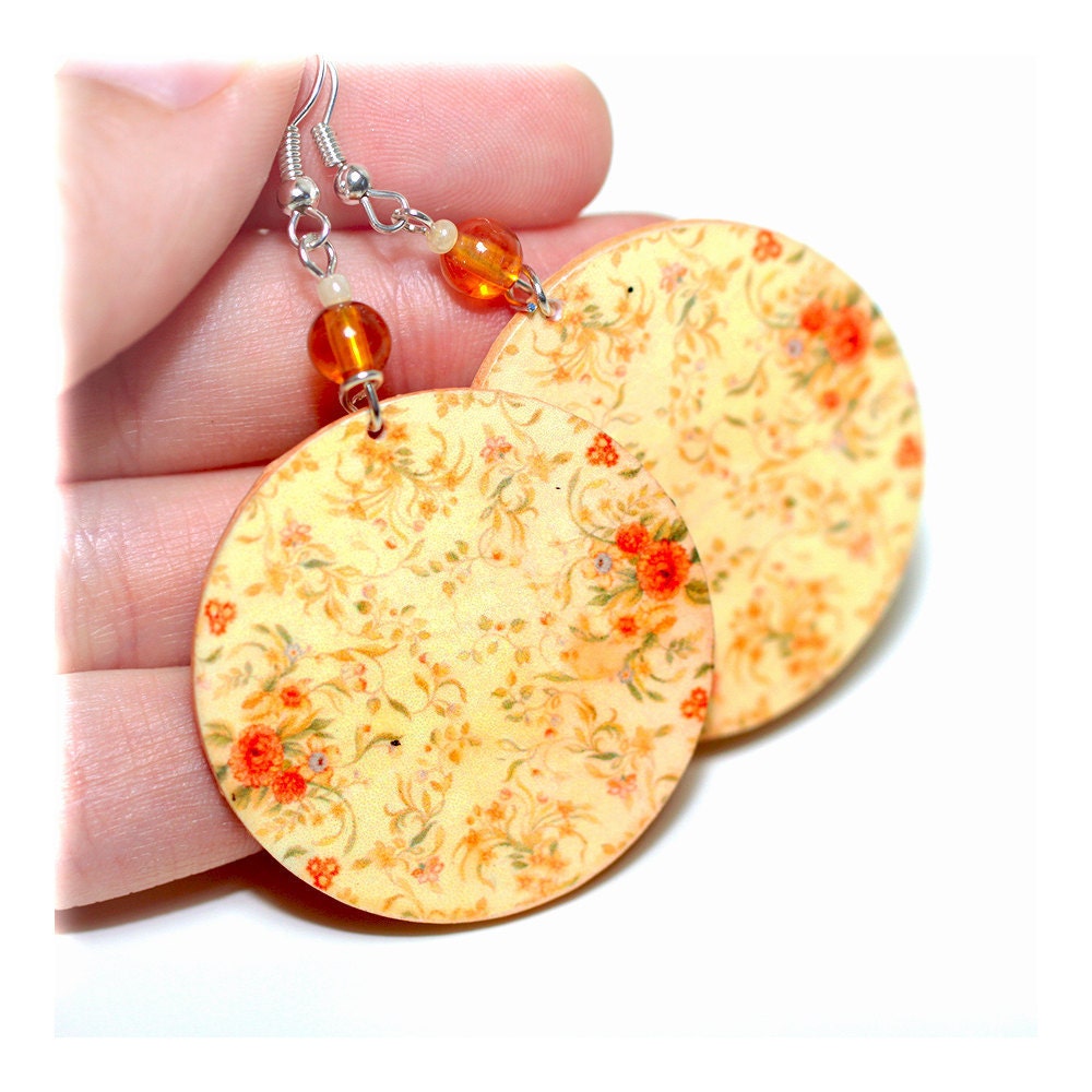 Peach Japanese paper Delicate Flowers Round Earrings decoupage jewelry Peach, Tangerine, gift for her under 25 (17)