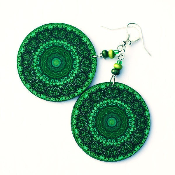 Emerald green mandala Earrings  Round decoupage jewelry green black (34)