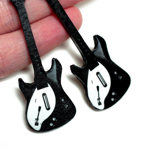 Guitar Earrings, Black & White, Long dangle 2- sided Jewelry, gift for musician, music fan, under 25