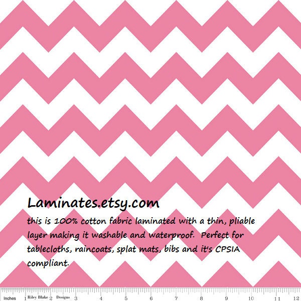 Pink chevron LAMINATED fabric yardage (aka oilcloth, vinyl, coated, sllicker)