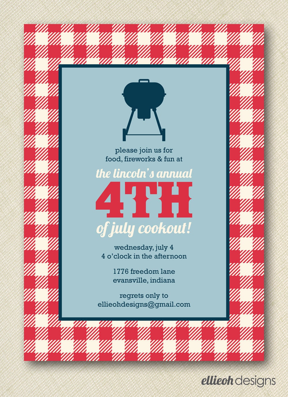 fourth of july bbq invite PRINTABLE 5x7 digital file DIY
