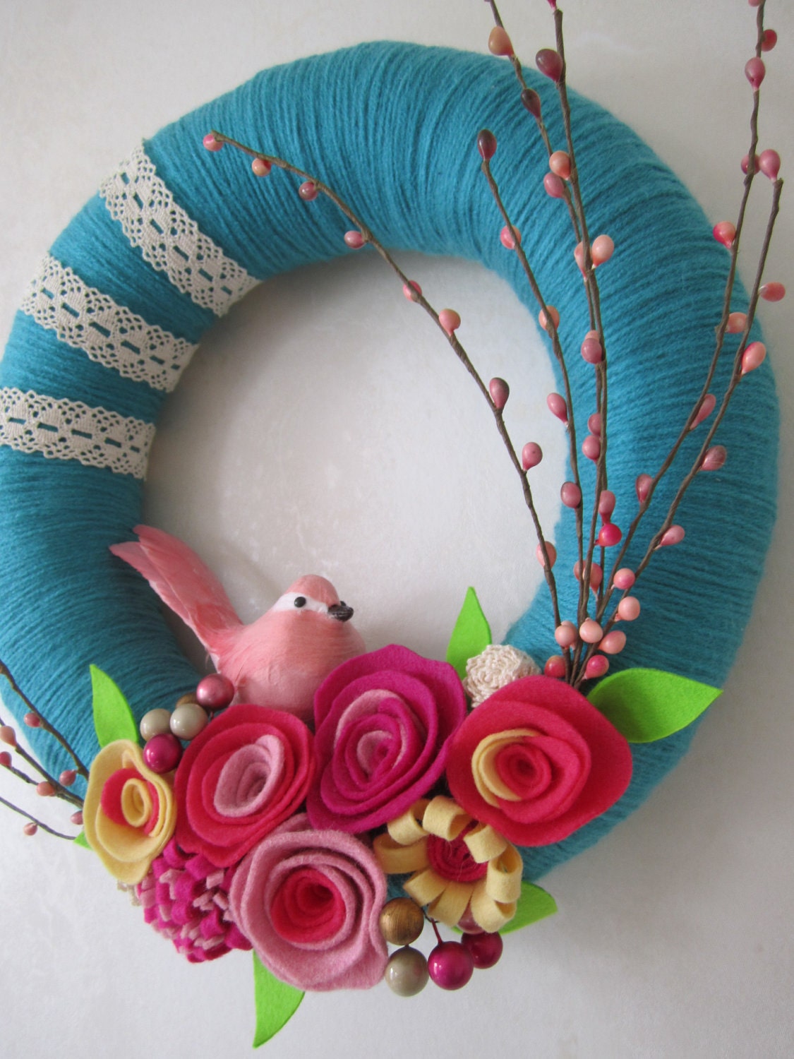 Pink Bird Teal Yarn Wreath 12"