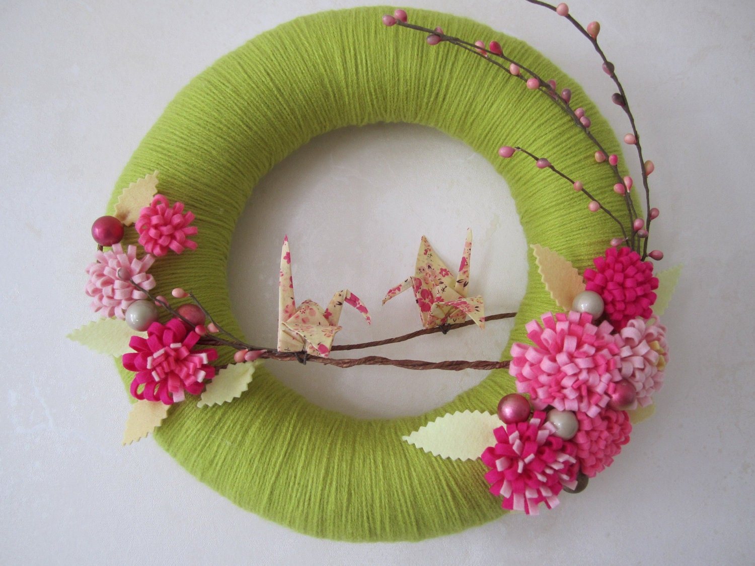 Spring Bloom Yarn Wreath - Origami Crane Pink Felt Flower 12"