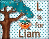 Personalized Name Nursery Owl Art Print Recycled Paper 8 x 10 inches Turquoise Orange