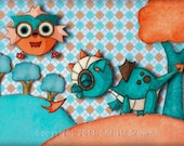 Nursery Art Print Baby Dragon and Owl Recycled Paper boys or girls for 5 x 7 turquoise peach orange