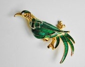 Large Vintage Green Enamel Parrot Brooch