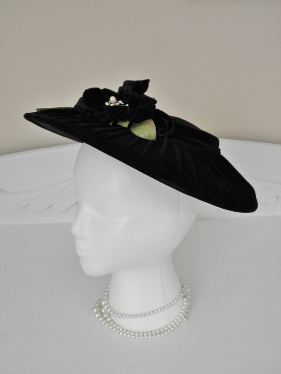 Vintage Black Velvet Derby Hat, Rhinestone, Floral