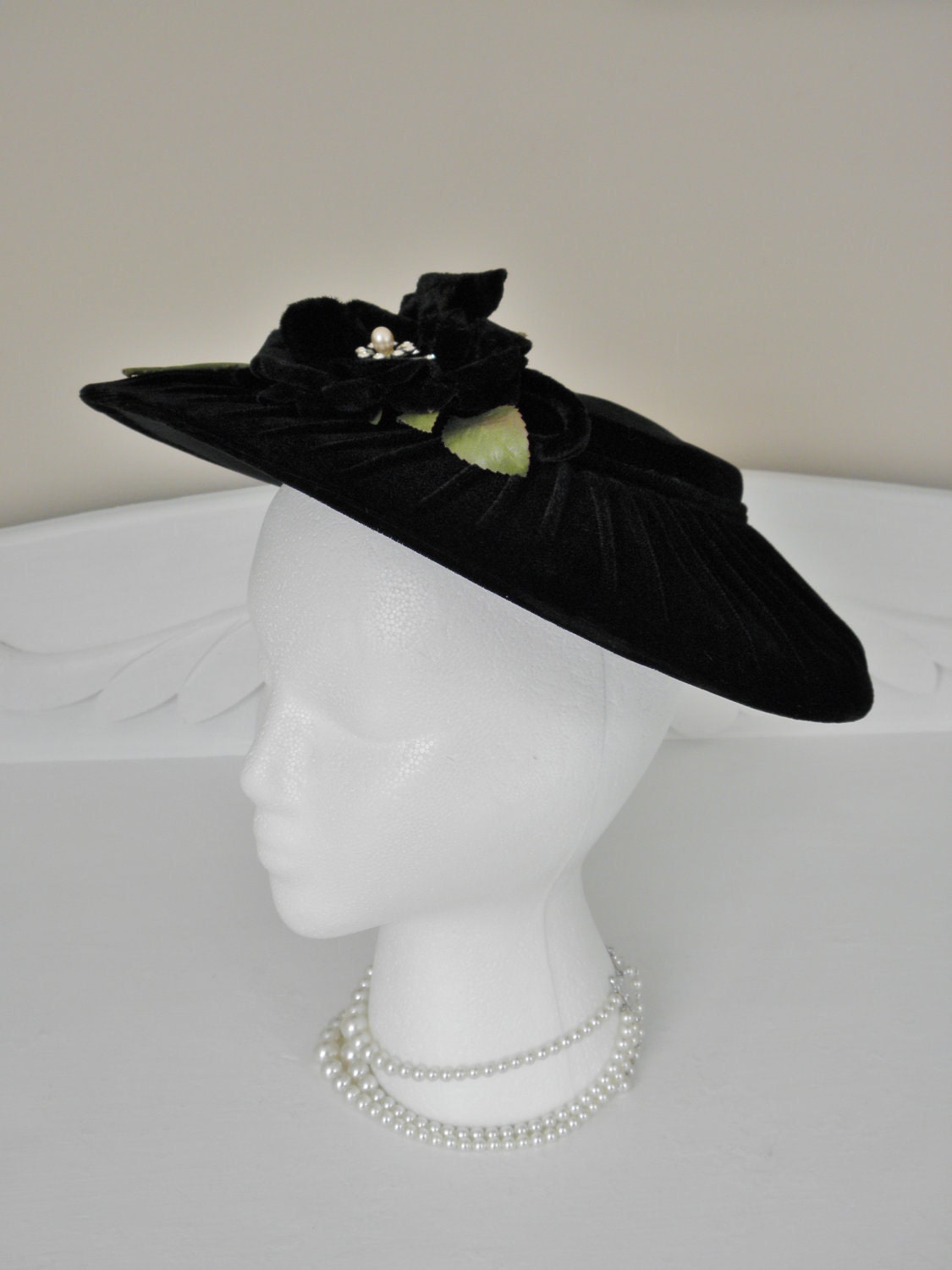 Vintage Black Velvet Derby Hat, Rhinestone, Floral
