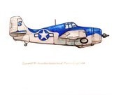 Grumman F4F vintage airplane watercolor print 8x10