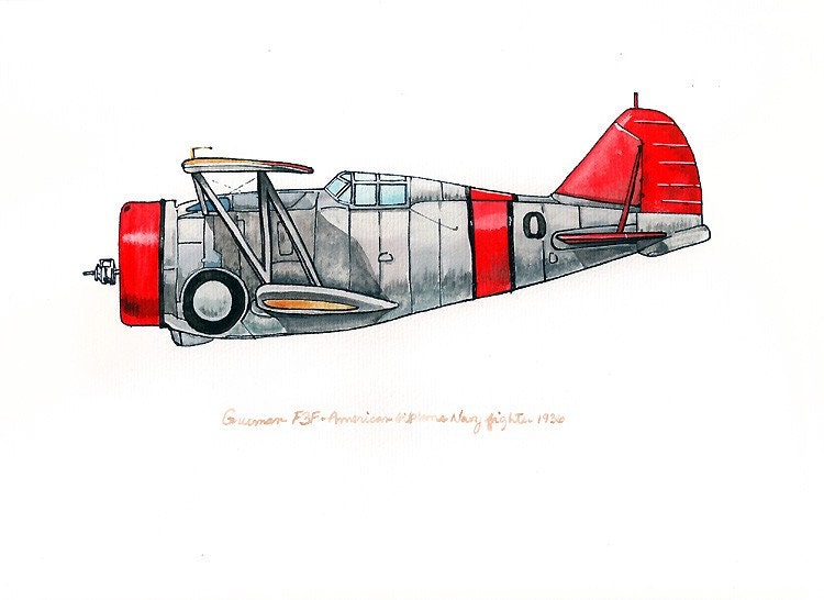 Grumman F3F vintage airplane watercolor print 8x10