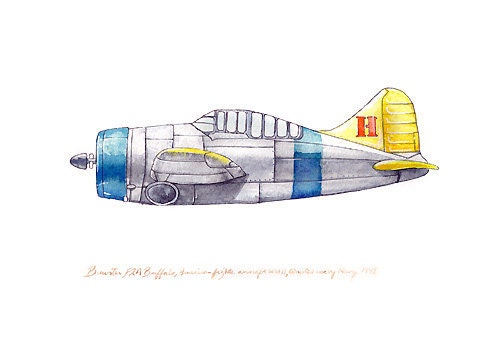 Brewster F2A Buffalo vintage airplane watercolor print, 8"x10"
