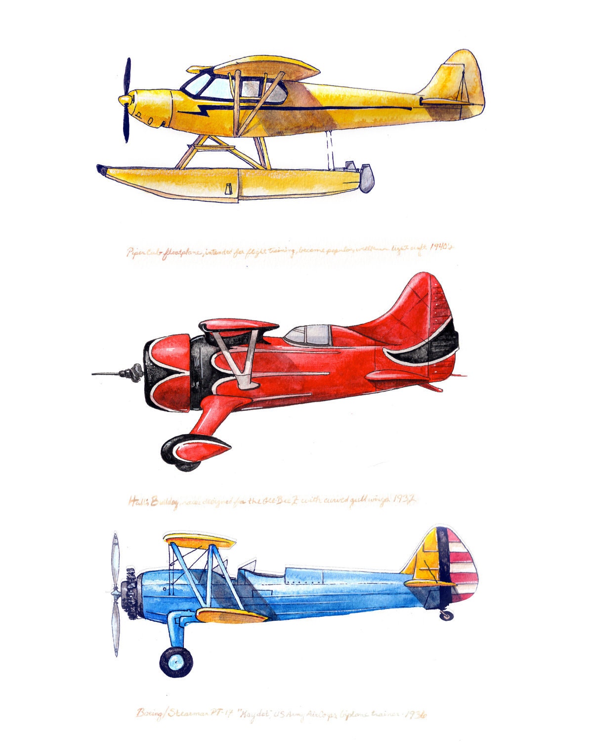 8x10 giclee print featuring three vintage airplanes in red, yellow and blue