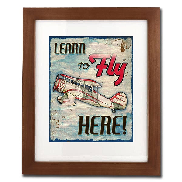 Learn to Fly Here - vintage style airplane poster print 11x14"