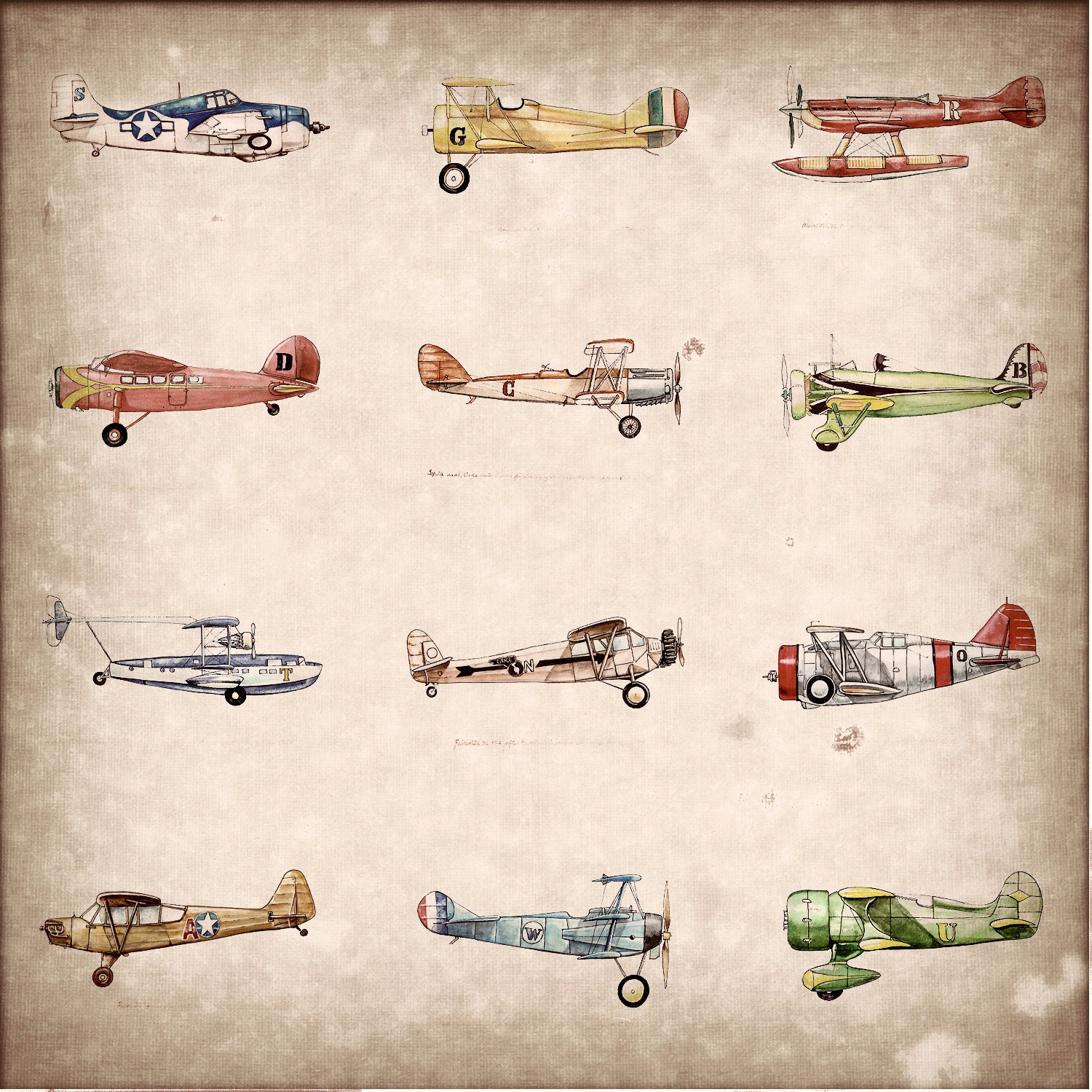 Vintage Airplane Collection print, 15"x15"