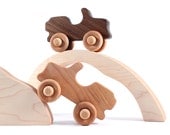 Off-Road Adventure set - all natural wooden toys with organic finish,  two jeeps with tunnel and boulder, eco-friendly imagination toys