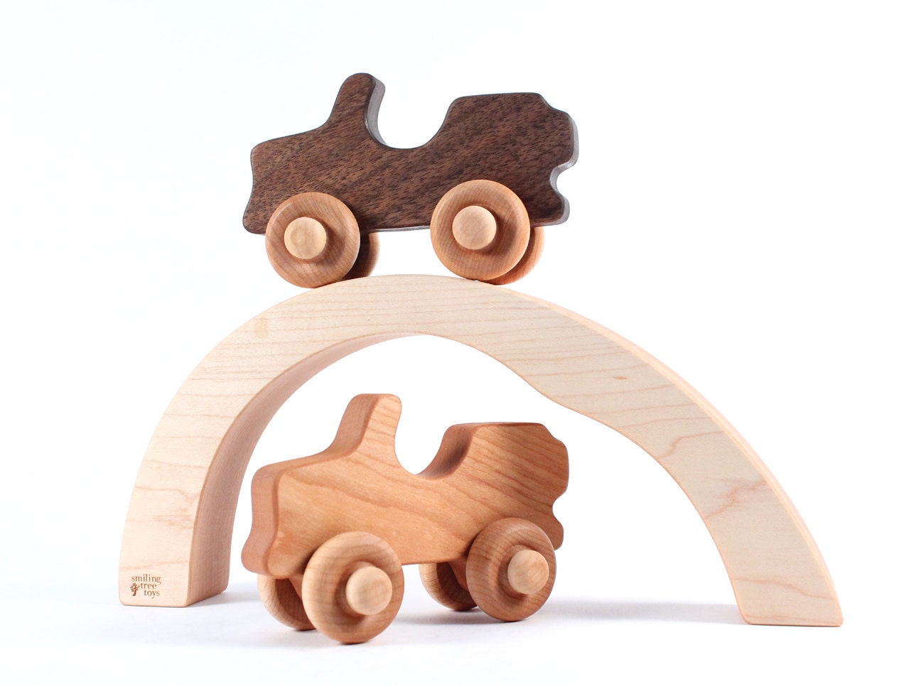organic wooden toy Off-Road Adventure gift set - natural waldorf wooden toys for toddler - jeeps, cars with tunnel - homegrown finish