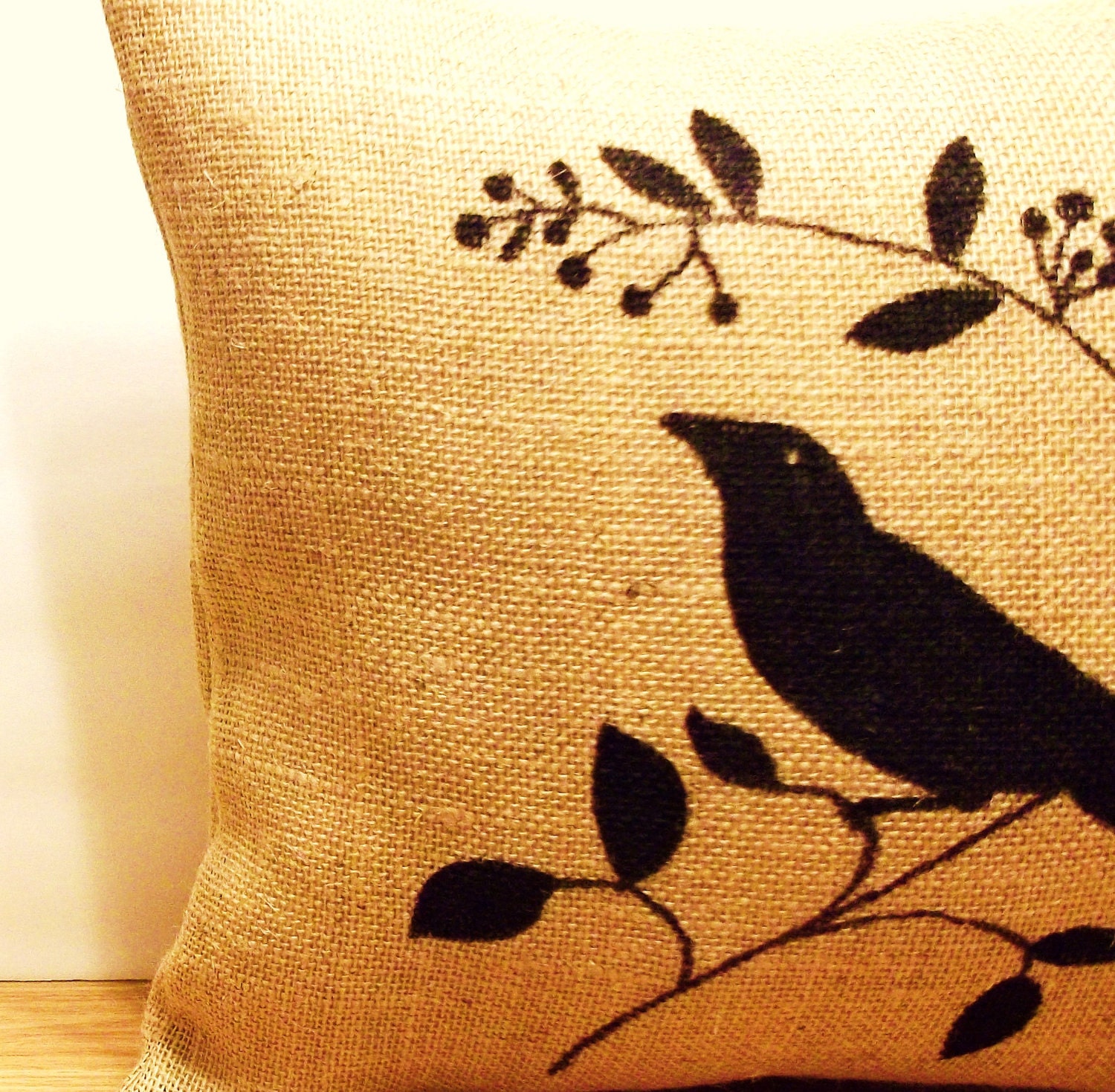 Burlap  Pillow- Bird Silhouette- Home Decor-  Filled Pillow-  Room Enhancement