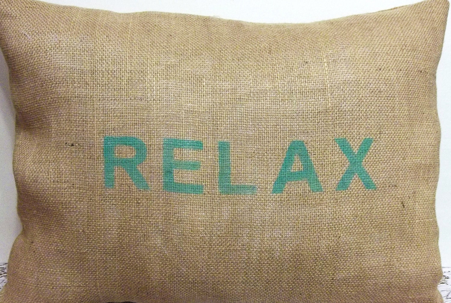 Rustic Porch Pillow- Burlap- Relax-  X LG- Stenciled- Patio- Deck-  Home Decor- Country- Shabby Chic