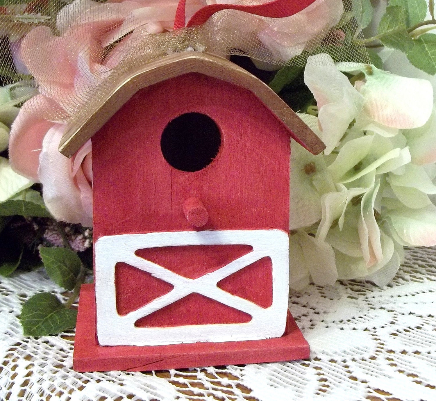 Decorative Red Barn Birdhouse is a Point of Interest in Rustic, Shabby Chic or Cottage Home Decor