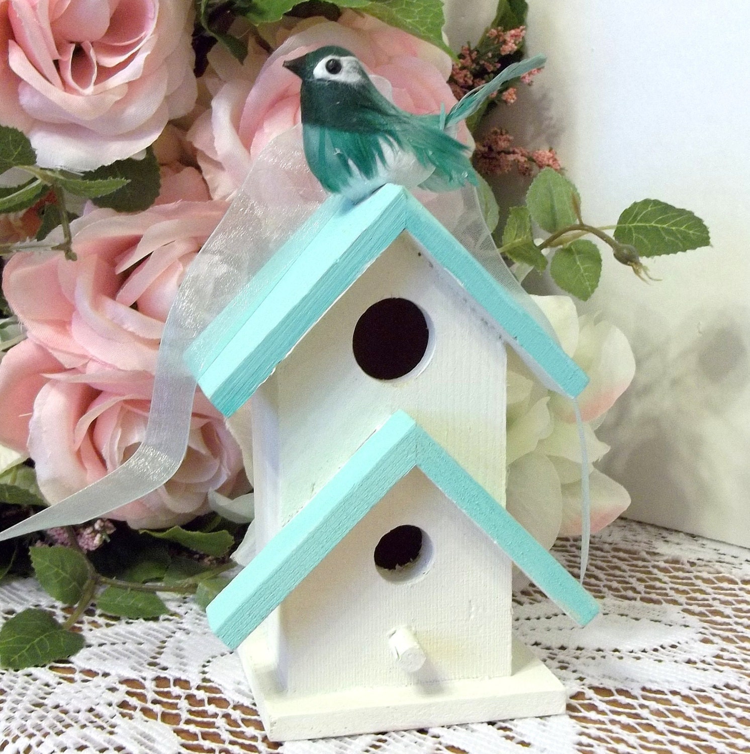 Decorative Mint Trimmed Birdhouse is a Point of Interest in Most Any Home Decor