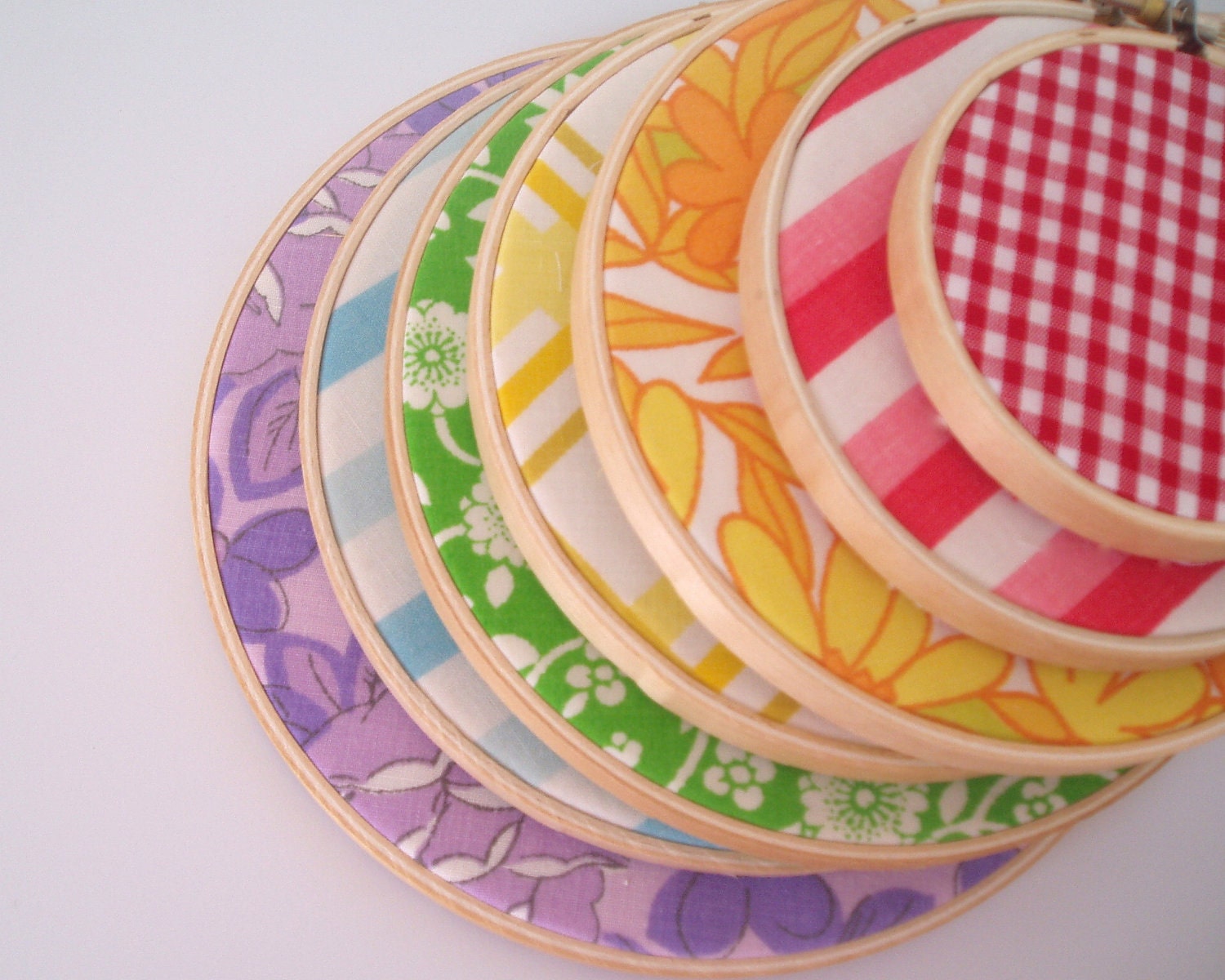 Vintage Rainbow Fabric Wall Art- Embroidery Hoop Frame- Set of Seven- Pretty Pink, Baby Blue, Lime Green, Sunny Yellow