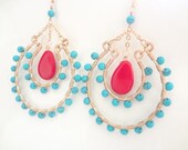 Red Coral Teardrop, Turquoise, Gold Filled, Large Chandelier, Hoop Earrings, Wire Wrapped,  Handmade Jewelry, Jewellery