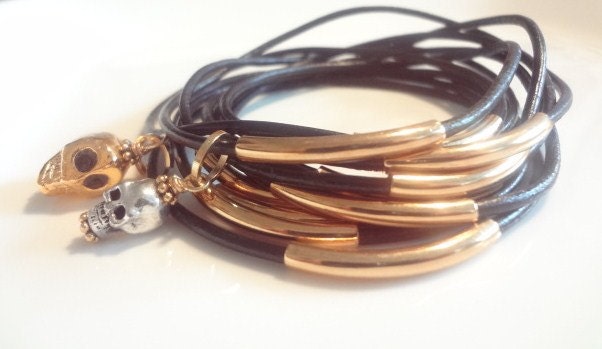 Unisex, 14 Black Leather Gold Tube Bracelet, Bangles, Skull Charms, Men, Woman, Fashion, Rocker, Trendy, Handmade Jewelry, Jewellery