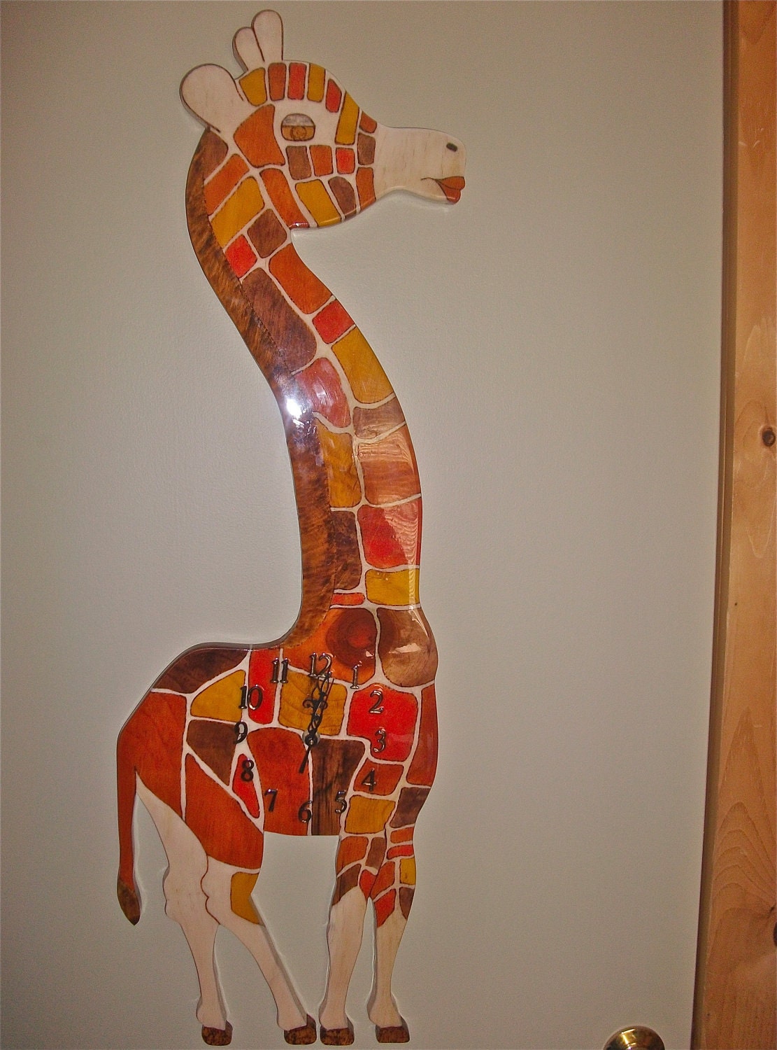 WOODEN White/Multi Color GIRAFFE CLOCK.  Handmade custom clock designs.  Art that keeps you on time.