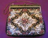 Vintage 1960s Handmade Floral Tapestry Style Evening Bag Purse La Regale Hong Kong Black Beige Ochre Red Green Blue