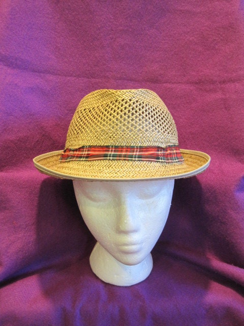 Vintage 1950s 1960s Straw Hat Fedora Unisex Mens Womens Hat Beige Red Green White Tartan Plaid Ribbon Rat Pack
