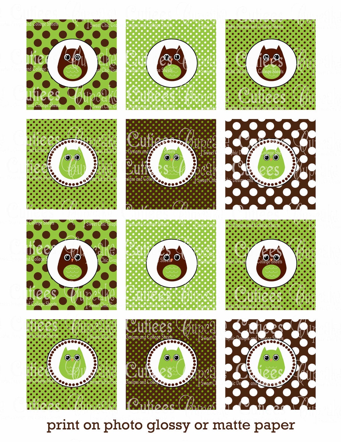 Owl Girl Green Brown Birthday Digital Cupcake Toppers  2 Inch Circle Tags PRINTABLE