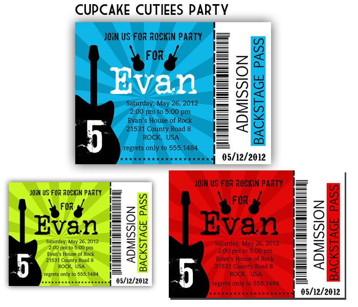 Rock Star BOYS blue Full Invite Ticket TIcket  Digital Custom Invitation Card  PRINTABLE
