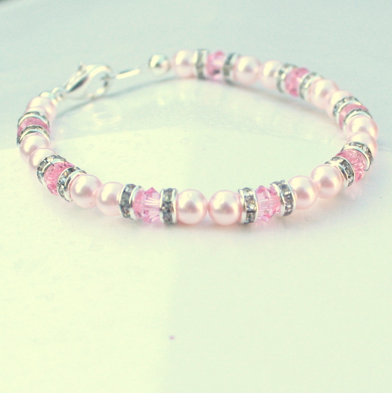 Baby Bracelet Pearl - Girls Childs Pearl and Crystal Faux Diamond (Pink Pearls & Pink Crystals) CUSTOMIZE YOUR COLORS